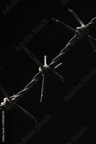 Black and white photo of barbed wire fencing with dark background
