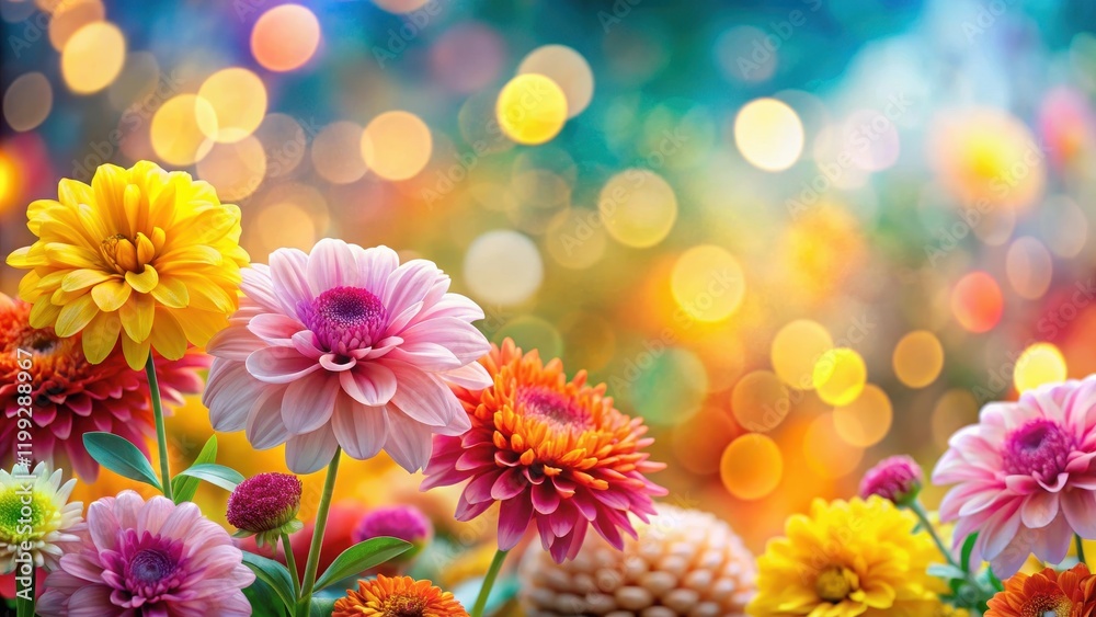 Vibrant floral patterns with blurred flowers in the foreground against a colorful bokeh background, colorful, orange Vibrant floral patterns with blurred flowers in the foreground against a colorful bokeh background, colorful, orange