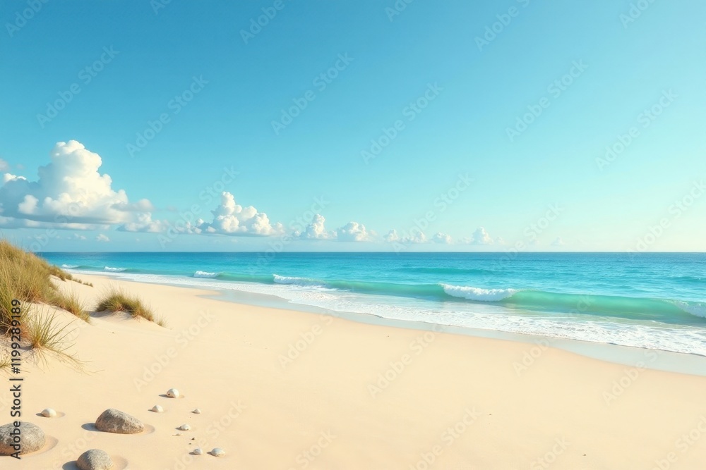 Serene Coastal Scene Sunlit Sands, Azure Waters, and Gentle Waves Rolling Ashore on a Tranquil Beach Serene Coastal Scene Sunlit Sands, Azure Waters, and Gentle Waves Rolling Ashore on a Tranquil Beach