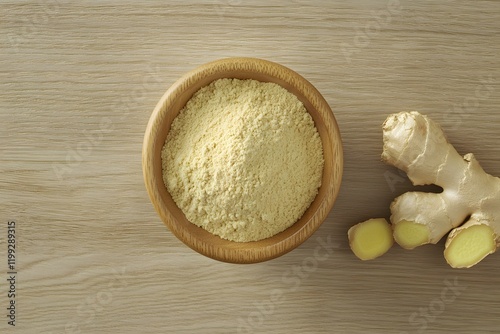 Ground ginger powder in a wooden bowl beside fresh ginger root on a light wood surface. photo