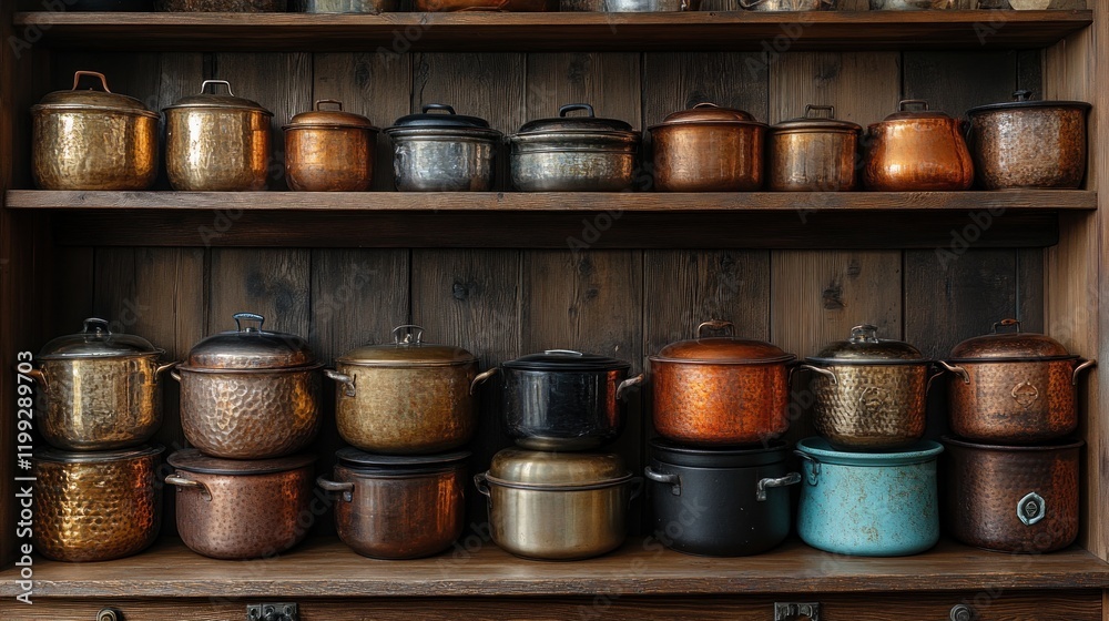 Antique Copper Pots and Pans Collection on Wooden Shelves Antique Copper Pots and Pans Collection on Wooden Shelves