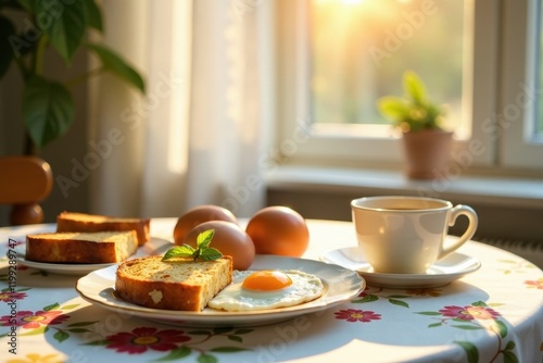 Wallpaper Mural A peaceful morning breakfast scene featuring a sunny-side-up egg, slices of golden-brown baked bread, and a cup of coffee, all bathed in the warm glow of morning sunlight. Torontodigital.ca