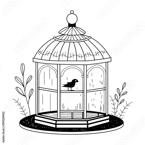 A vintage illustration of beautiful bird aviary