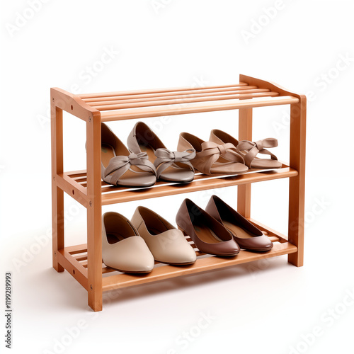 Wooden Shoe Rack with Beige and Brown Flats Sandals photo