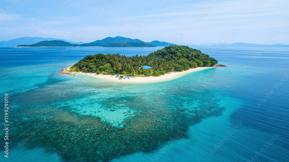 Naklejka premium Tropical island paradise featuring crystal-clear waters and lush greenery surrounded by mountains