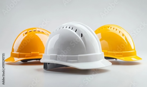 white, yellow hard safety helmet hat for safety project of workm, Generative AI photo