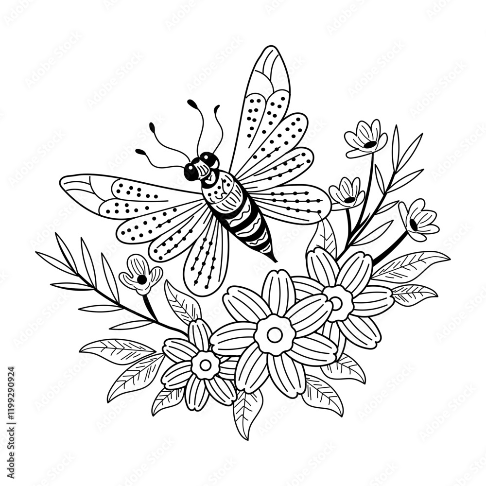 Obraz premium Butterfly picking flower nectar, vintage style illustration