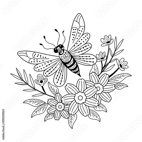 Butterfly picking flower nectar, vintage style illustration