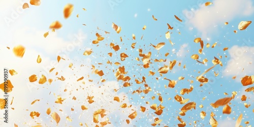 Golden Celebration: A cascade of shimmering golden confetti explodes against a backdrop of a bright blue sky, capturing the joy and exuberance of a special occasion.