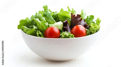 A crisp and fresh salad bowl with mixed greens, tomatoes, and a drizzle of dressing, isolated on a bright white background, photo