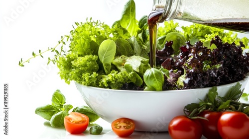 A crisp and fresh salad bowl with mixed greens, tomatoes, and a drizzle of dressing, isolated on a bright white background, photo