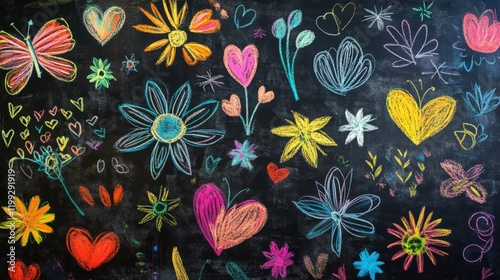 Colorful chalk drawings on a blackboard showcasing hearts butterflies and flowers