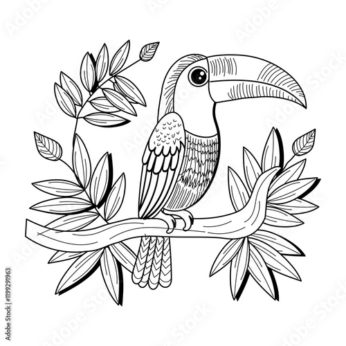 A vintage illustration of perched toucan bird