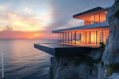 A luxurious modern villa perched on a cliffside overlooking a tranquil ocean at sunset. The sleek architecture features expansive glass walls, warm interior lighting, and a long infinity pool 