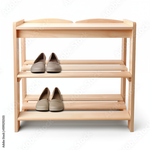 Wooden Shoe Rack with Beige Flats Two Shelves Home Storage photo