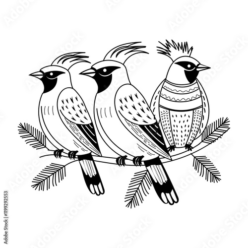 Waxwings sitting on a tree branch, vintage illustration