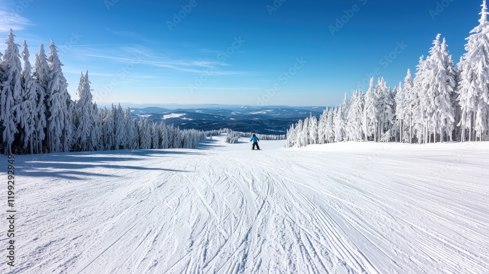 Snow-Covered Mountain Landscape with a Skier Enjoying the Winter Sports in a Scenic Blue Sky Background Snow-Covered Mountain Landscape with a Skier Enjoying the Winter Sports in a Scenic Blue Sky Background