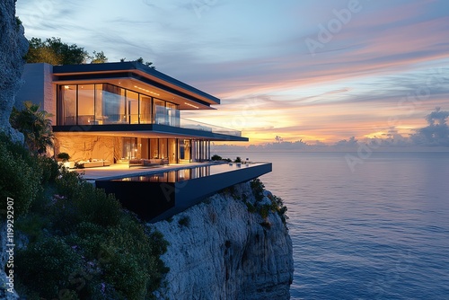A luxurious modern villa perched on a cliffside overlooking a tranquil ocean at sunset. The sleek architecture features expansive glass walls, warm interior lighting, and a long infinity pool 