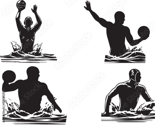 Water Polo Player Silhouette A powerful silhouette of a water polo player in action, capturing the intensity and athleticism of the sport. The player's arm is raised.