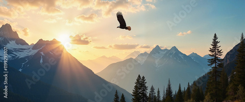 Majestic bald eagle soaring through sunrise mountains, wildlife freedom