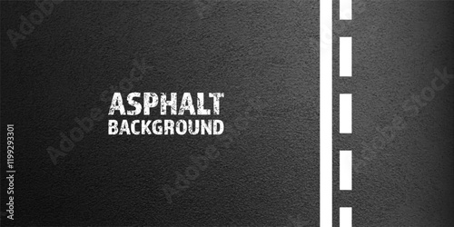 Asphalt road with white lane marking, concrete highway surface, texture. Street traffic line, road dividing strip. Pattern with grainy structure, grunge stone background. Vector illustration