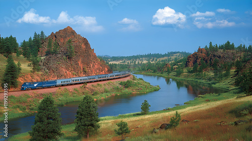 Scenic train journey through a picturesque landscape with a winding river, rocky hills, and lush greenery under a vibrant blue sky.