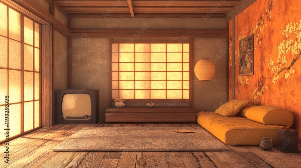 Fototapeta premium Serene Japanese-Style Living Room Interior Design