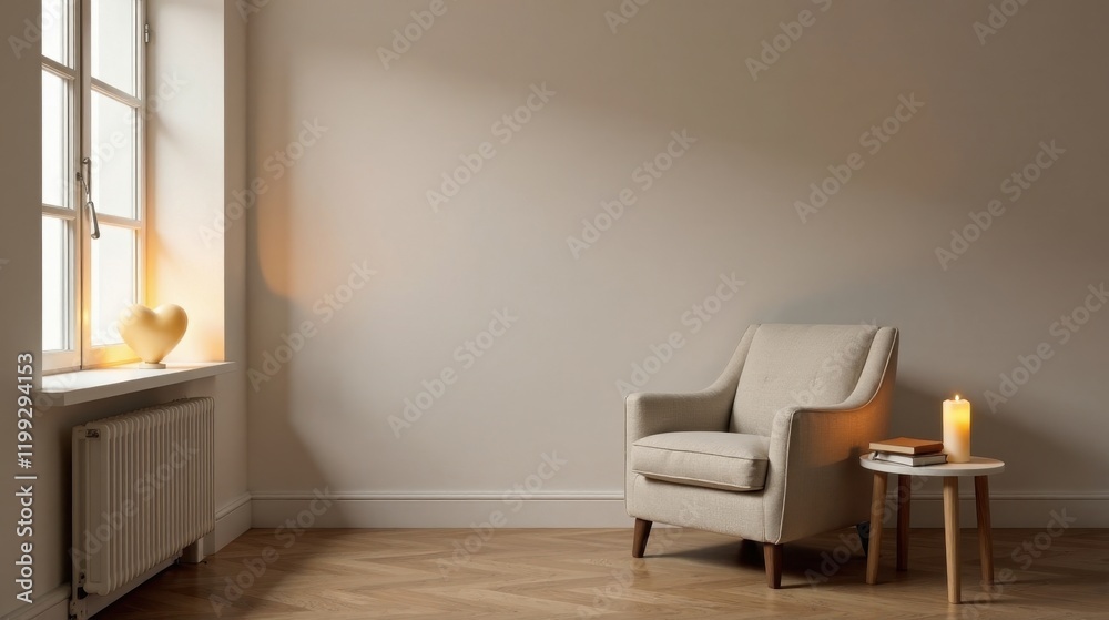 Serene interior scene featuring a cozy armchair, illuminated heart-shaped lamp, and a side table with a lit candle and books, all against a neutral backdrop. Serene interior scene featuring a cozy armchair, illuminated heart-shaped lamp, and a side table with a lit candle and books, all against a neutral backdrop.