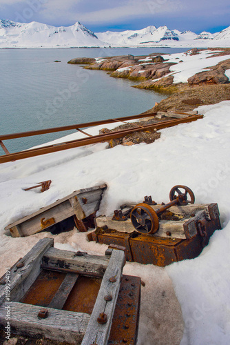 Camp Mansfield, Ancient Remains Old Marble Quarry, Blomstrand Island, Krossfjord, Arctic, Spitsbergen, Svalbard, Norway, Europe photo