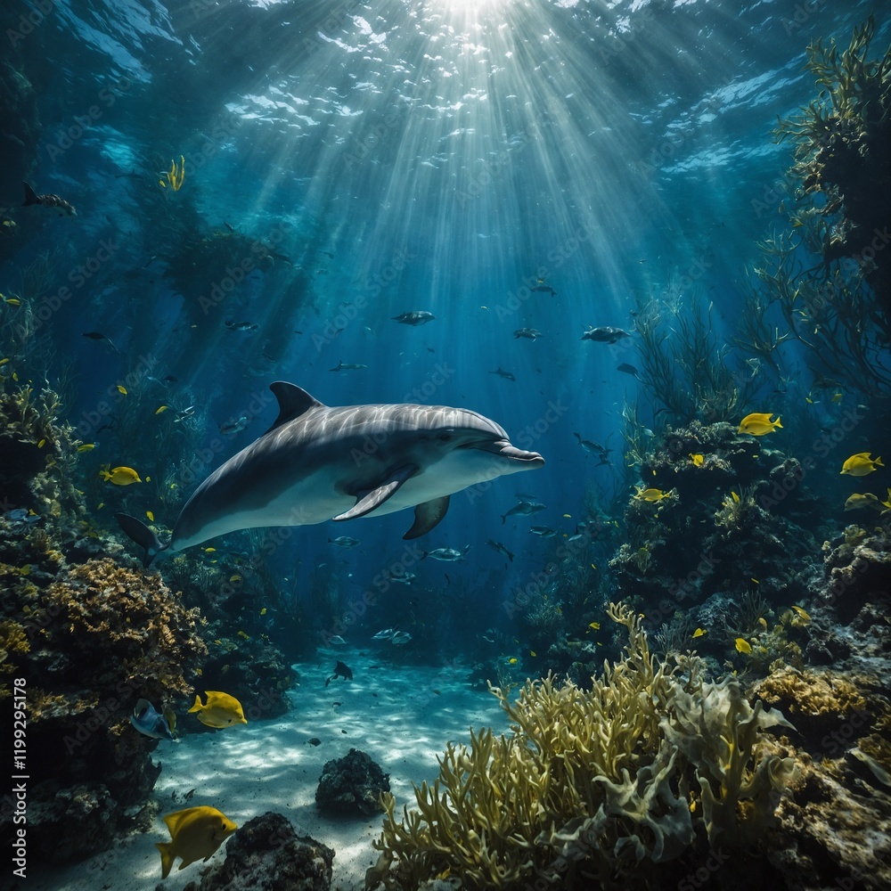 Fototapeta premium A dolphin in an underwater forest filled with glowing plants.