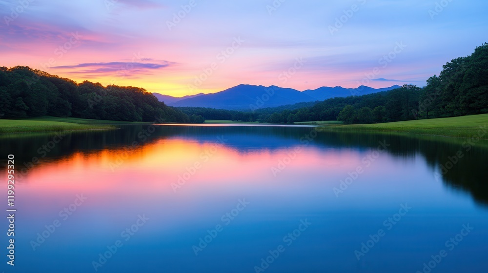 Run-down landscapes in a national park Serene lake reflecting a colorful sunset and distant mountains. Run-down landscapes in a national park Serene lake reflecting a colorful sunset and distant mountains.