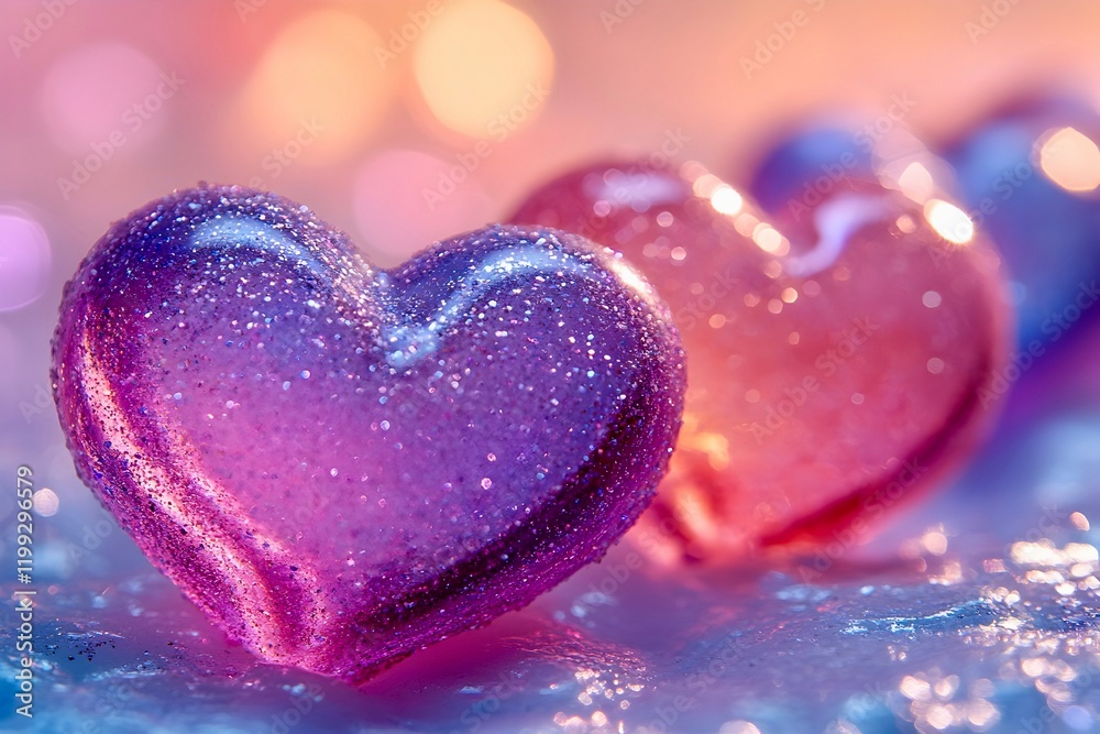 Obraz premium Shiny translucent 3d hearts with shimmering glitter lie in a row diagonally on a dreamy pastel background. Valentine's Day