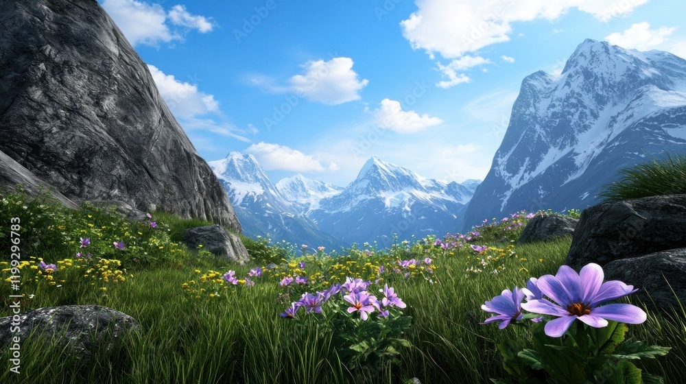 Fototapeta premium Scenic mountain landscape with vibrant flowers and blue sky.