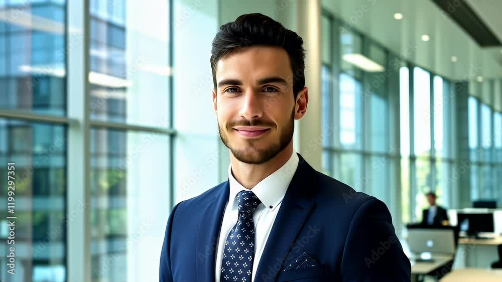 Attractive young and confident businessman with a beard, smiling in the city, reflecting success and elegance. Attractive young and confident businessman with a beard, smiling in the city, reflecting success and elegance.