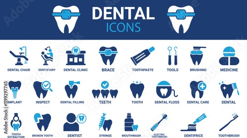 Dental icon set. Containing tooth, dentist, toothpaste, toothbrush, teeth, implant and dentistry icons. Solid icon collection. Vector illustration.