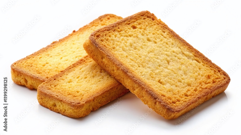 Three Crispy Rusk Biscuits Isolated on White Background - Perfect for Baking and Food Photography Three Crispy Rusk Biscuits Isolated on White Background - Perfect for Baking and Food Photography