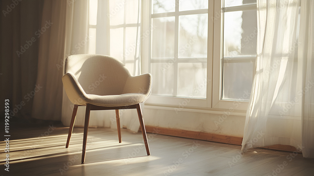 Fototapeta premium Sunlight streams through sheer curtains, illuminating a cozy armchair by a window. Peaceful and serene.