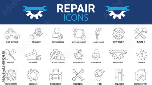 Repair icon set. Line art icons set, Containing fix, maintenance, toolbox, assistance, broken, troubleshoot, patch, and repairman service icons. Solid icon collection. Vector illustration.