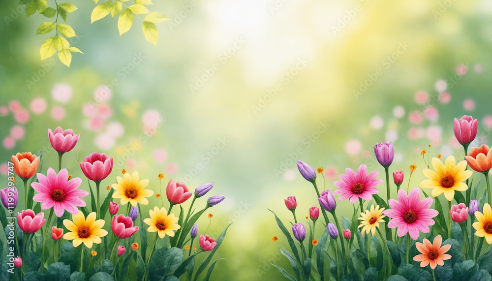 Vibrant flower garden with colorful tulips and daisies against a soft blurred background Vibrant flower garden with colorful tulips and daisies against a soft blurred background