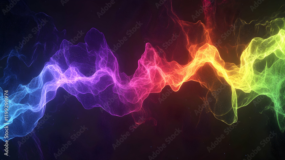 Obraz premium Abstract glowing particle waveforms in a vibrant spectrum of colors, representing energy flow, set against a dark and detailed background