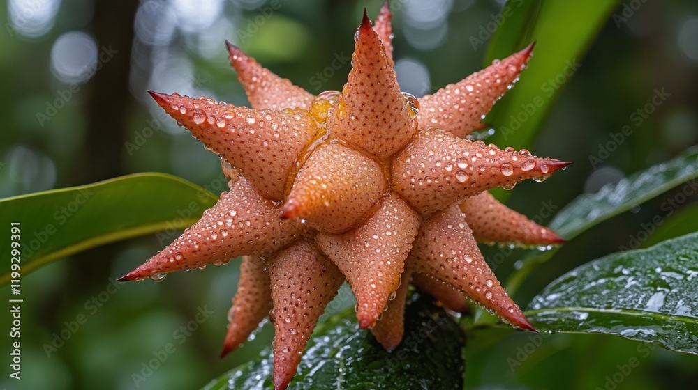 A close-up of a spiky flower head covered in morning dew, with each spike in sharp focus, set against a blurred background of a lush green garden. A close-up of a spiky flower head covered in morning dew, with each spike in sharp focus, set against a blurred background of a lush green garden.