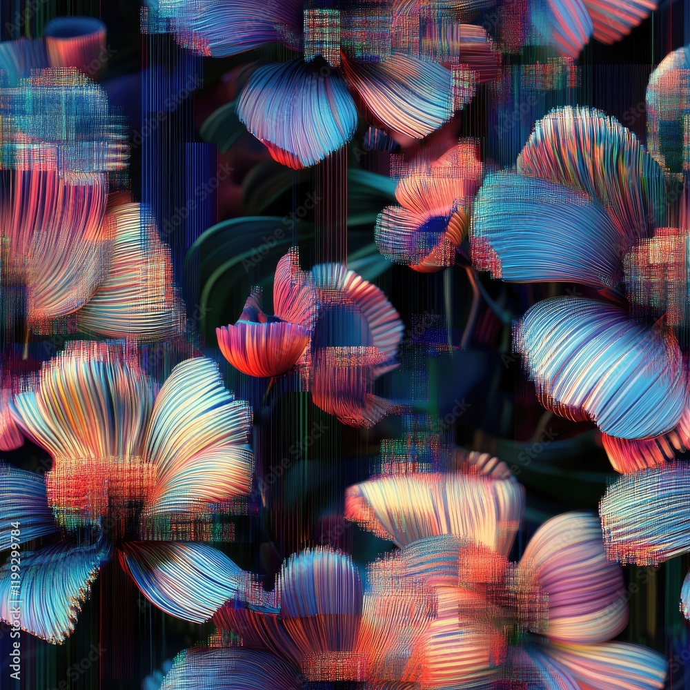 3D flowers with pixelated, glitch - like petals arranged in a mesmerizing pattern . Seamless abstract 3d pattern background