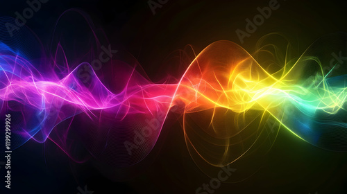 Abstract view of the electromagnetic spectrum with glowing waves in a gradient of colors, sharply defined on a black background