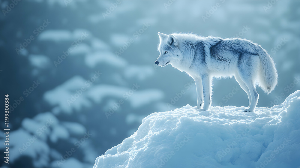 Obraz premium Arctic wolf standing on a snow-covered ridge under soft ambient lighting, sharp focus on its fur and the pristine icy landscape