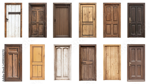 set of wooden doors isolated on white background.