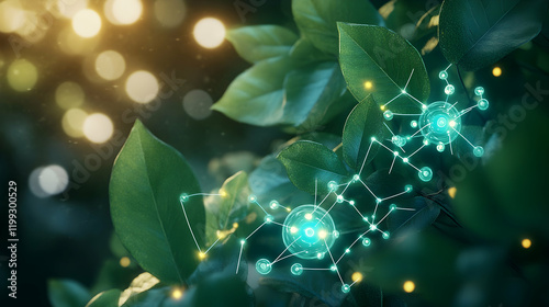 Artistic depiction of photosynthesis with glowing molecular diagrams and green leaves, sharp and vibrant in a clean environment