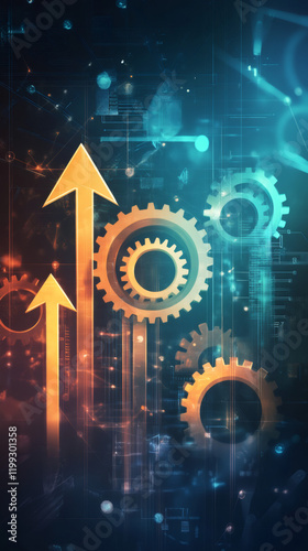 Growing orange arrows and cogwheels symbolize growth in technology and business on a holographic background