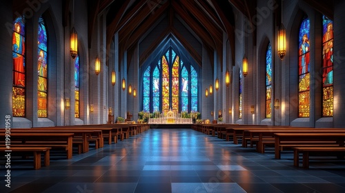 [Spacious church interior with stained glass windows] Majestic Cathedral Interior with Stained Glass Window, Worship and Spirituality