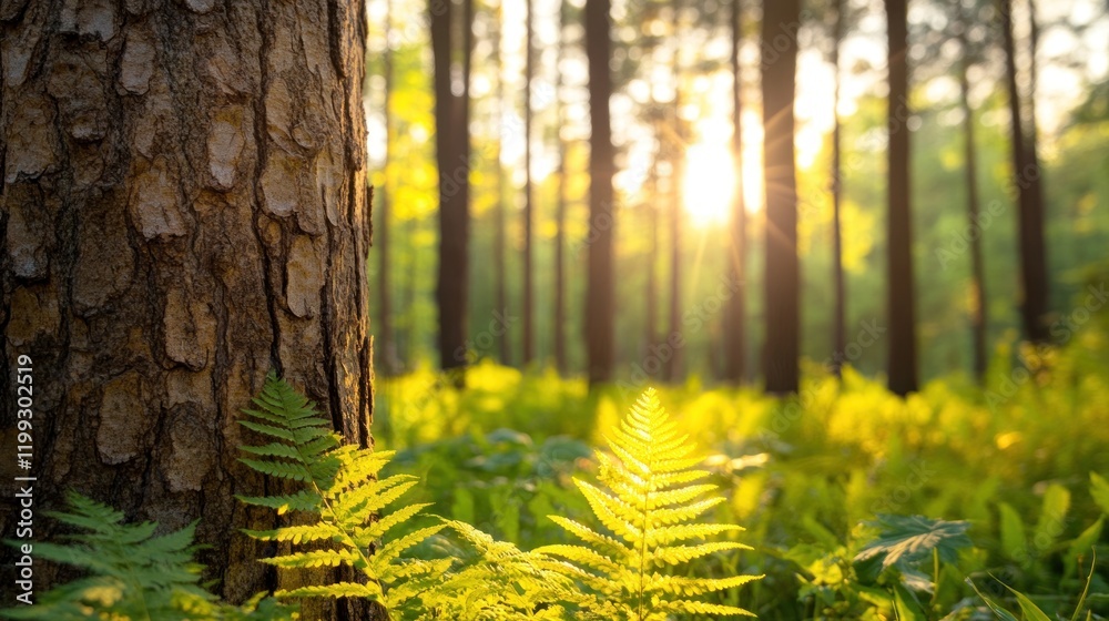 Fototapeta premium Golden Hour in the Forest: Sunlight filtering through the trees illuminating ferns and a tree trunk, creating a serene and peaceful atmosphere.