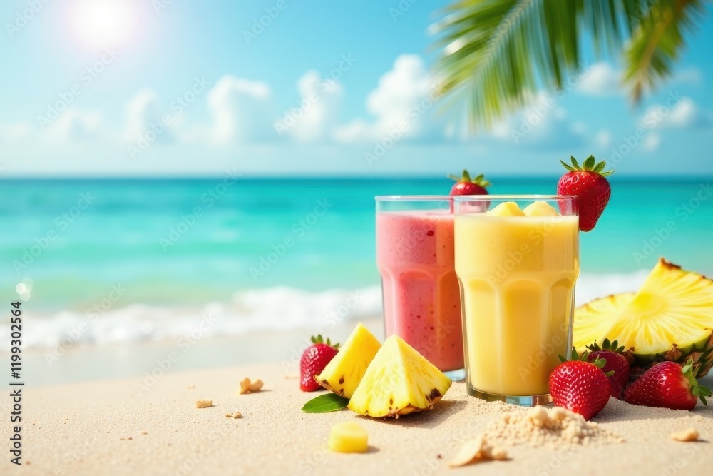 Tropical Beach Smoothie Refreshment Two Glasses of Delicious Fruit Smoothies on Sandy Shore with Pineapple and Strawberry Garnish under Sunny Skies Tropical Beach Smoothie Refreshment Two Glasses of Delicious Fruit Smoothies on Sandy Shore with Pineapple and Strawberry Garnish under Sunny Skies